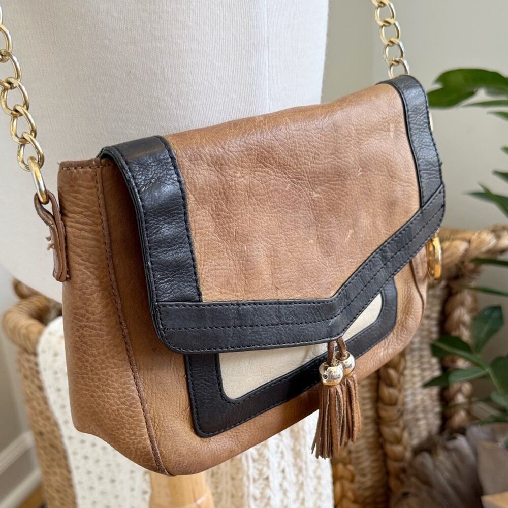 Audrey Brooke Leather Crossbody Bag Brown Black Tassel Chain Strap Boho Chic